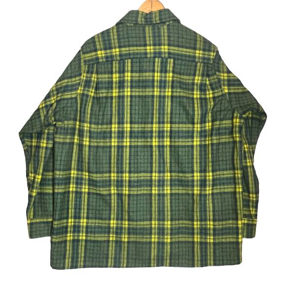 Vintage 60s JB Hunter Mens Size XL Green Yellow Wool Plaid Shirt Button Front - Picture 2 of 7